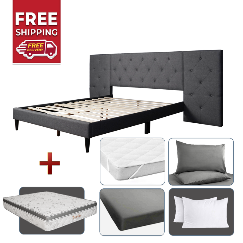 [FREE Shipping COMBO] Divan Queen Size Linen Fabric Bed Frame Dream Ease Queen Mattress Fitted Protector Bed Sheet Eco Pillow Pillowcase Moonmist