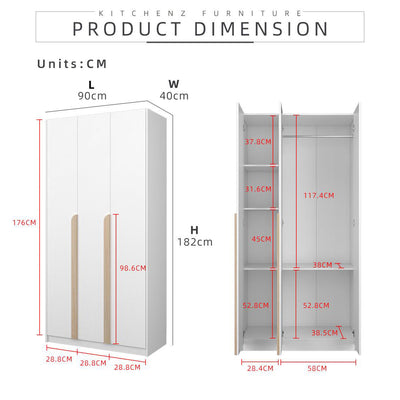 3FT 3 Door Wardrobe Particle Board with Hanging Rod-HMZ-FN-WD-S3015 / S4013