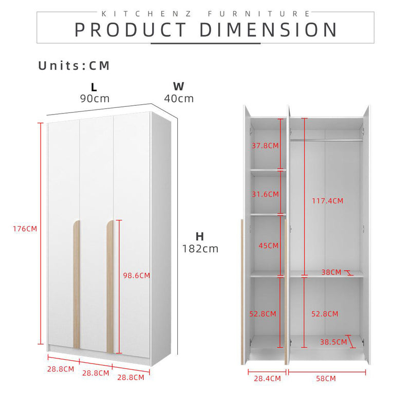 3FT 3 Door Simona Series Wardrobe Particle Board with Hanging Rod-HMZ-FN-WD-S3015 / S4013