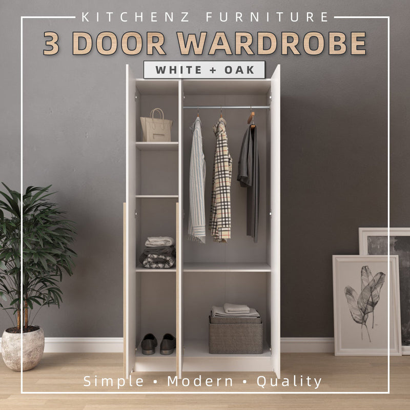 (EM) 3FT 3 Door Wardrobe Particle Board with Hanging Rod-HMZ-FN-WD-S3015