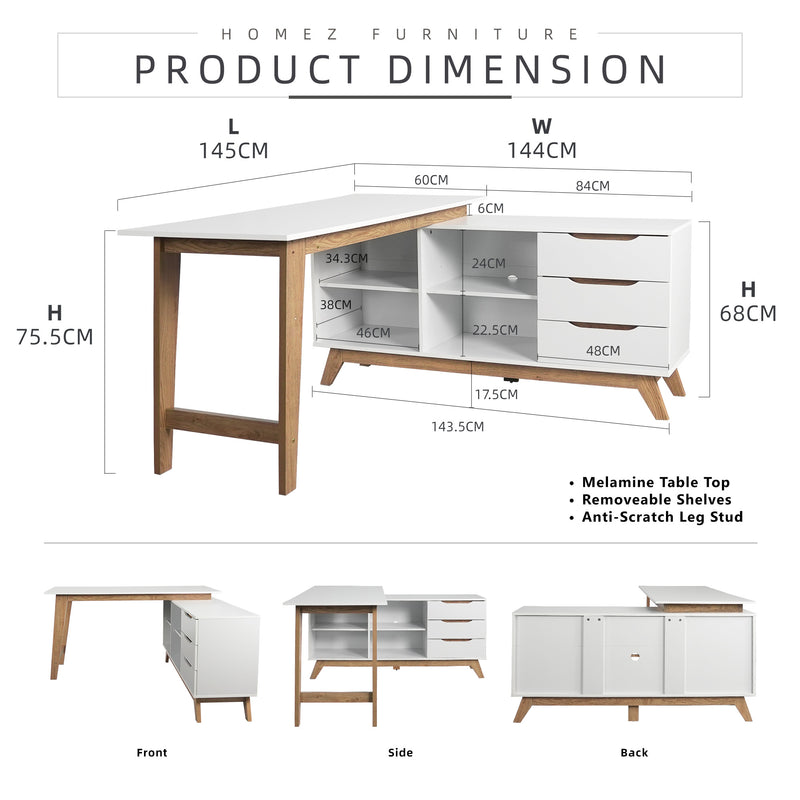 4.8FT Simona Series Writing Table with Storage / Office Table / Meja Belajar / Meja Pejabat-HMZ-FN-WT-S4-WT