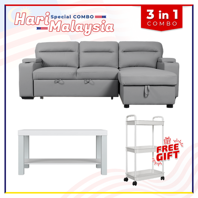 [HARI MALAYSIA FREE SHIPPING COMBO] 7.4FT 3 Seater Pet Friendly L Shape Multifunctional Sofa Coffee Table Free Gift 3-Tier Trolley Rack Living Room Combo Set - S8048-CL/GY+2905-WT+3TIER-WT