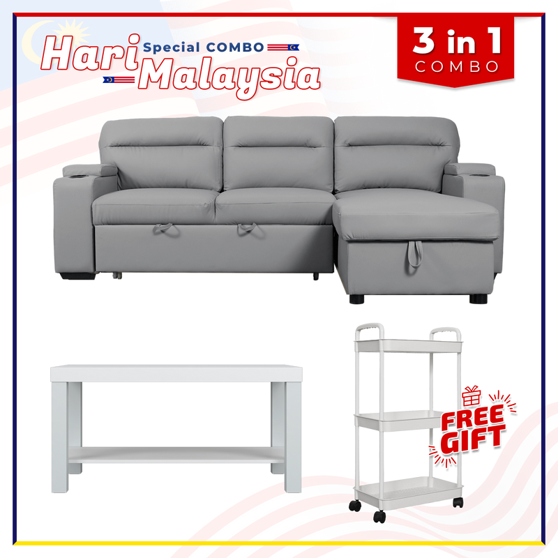 [HARI MALAYSIA FREE SHIPPING COMBO] 7.4FT 3 Seater Pet Friendly L Shape Multifunctional Sofa Coffee Table Free Gift 3-Tier Trolley Rack Living Room Combo Set - S8048-CL/GY+2905-WT+3TIER-WT