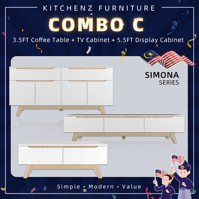 [COMBO] Jordan Alexi Simona Combo Set Queen Bed Frame / 3 Doors Wardrobe / Side Table / Coffee Table / TV Cabinet / Display Cabinet-Oak+White/Black