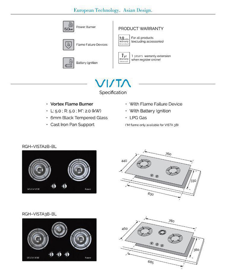 (FREE Shipping) Rubine Slanted Hood 2200 m³/hr Stainless Steel -RCH-MEERA-BL + Built-in Hob - RGH-VISTA2B-BL with Ducting Hose DC18