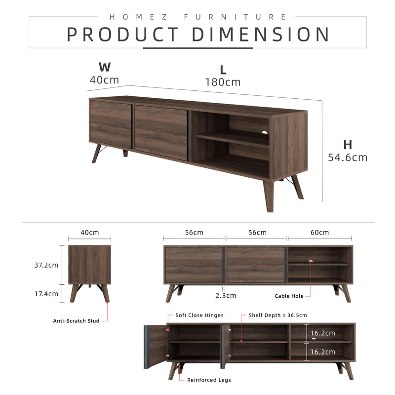 6FT Kinsley Series Tv Cabinet Tv Console Rak Tv Kabinet Tv Almari Tv Wooden Leg-HMZ-FN-TC-K0164-GY