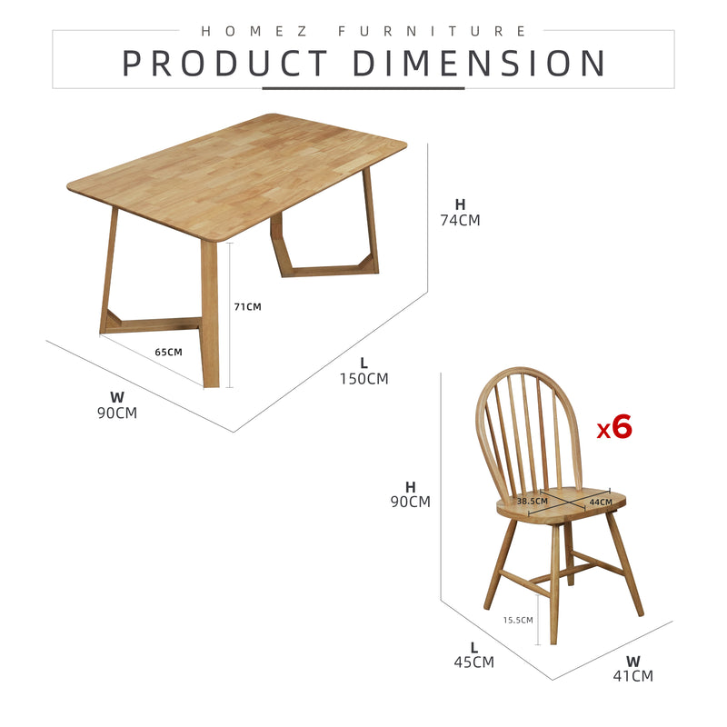 (FREE Shipping) 6 People Seater Dining Set with 1 Table Solid Wood 6 Chairs - Dining Set (1+6)