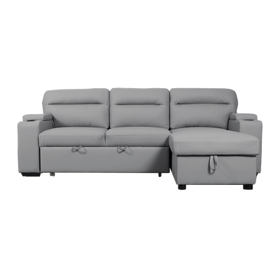 (FREE Shipping) 7.4FT/6.7FT 3 Seater Leathaire Sofa Bed / TPU Pet Friendly Sofa Bed / L Shape Sofa Multifunctional Sofa Bed With Cup Holder and Storage Box - Dark Grey/Light Grey/Clay