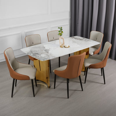 (FREE Shipping & FREE Installation) 4/6 Seater Porcelain (Ceramic) Table Top & Gold/Grey Metal Leg Dining Set + 4/6 PU Chair - Cream/Grey