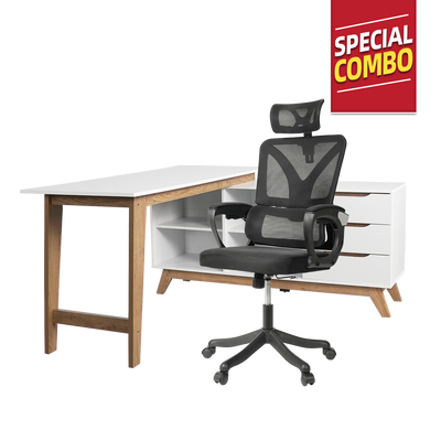 [SPECIAL OFFICE COMBO] High Back Office Chair Adjustable 4FT Writing Table LED Open Storage with Drawers