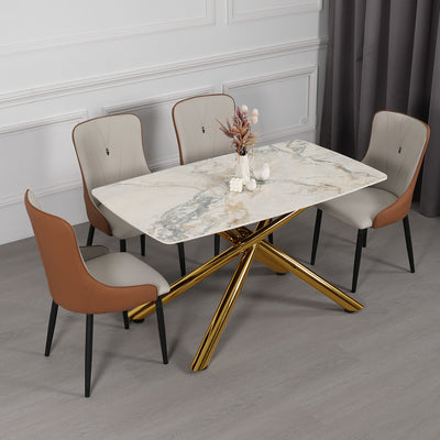 (FREE Shipping & FREE Installation) 4/6 Seater Porcelain (Ceramic) Table Top & Gold/Grey Metal Leg Dining Set + 4/6 PU Chair - Cream/Grey
