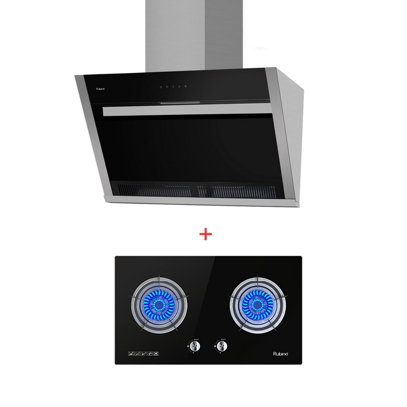 Rubine Slanted Hood ASPIRA-90SS + Built-in Hob Gas Stove Hob Tempered Glass 2 Burner - RCH-ASPIRA-90SS