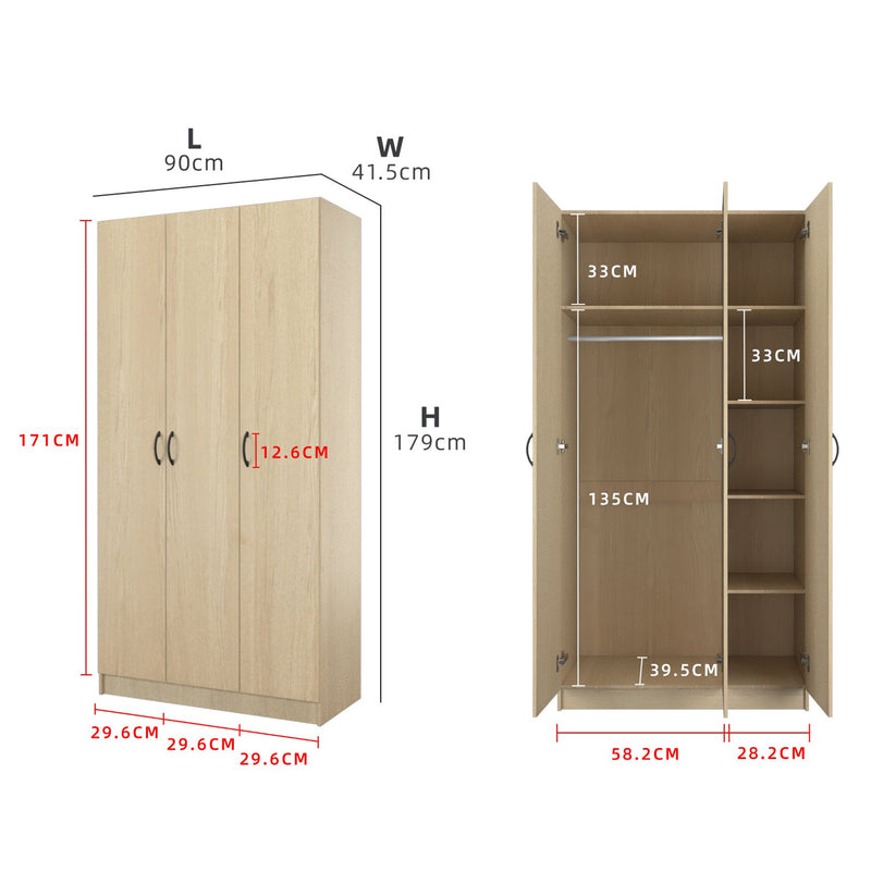 3FT 3 Door Wardrobe Solid Board with 6 Shelves- HMZ-FN-WD-6001/6021