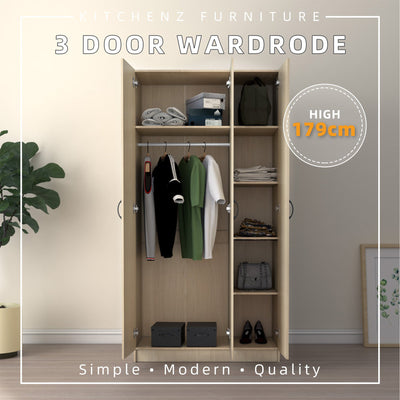 (EM) 3FT 3 Door Wardrobe Solid Board with 6 Shelves-HMZ-FN-WD-6001/6021/6051