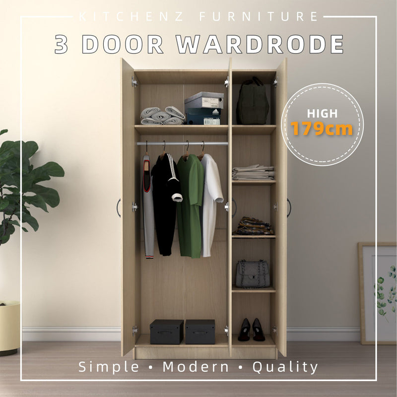 (EM) 3FT 3 Door Wardrobe Solid Board with 6 Shelves-HMZ-FN-WD-6001/6021/6051