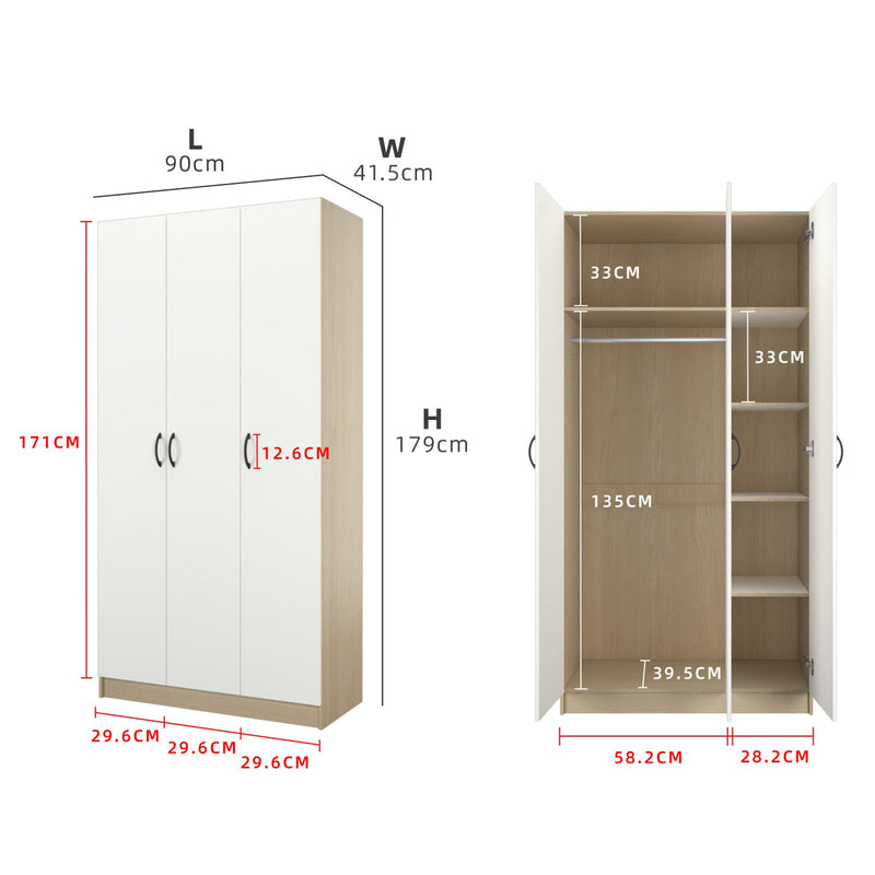 3FT 3 Door Wardrobe Solid Board with 6 Shelves- HMZ-FN-WD-6001/6021