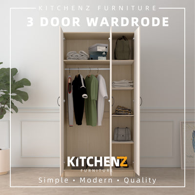 (EM) 3FT 3 Door Wardrobe Solid Board with 6 Shelves-HMZ-FN-WD-6001/6021/6051