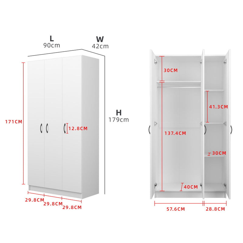 3FT 3 Door Wardrobe Solid Board with 6 Shelves- HMZ-FN-WD-6001/6021