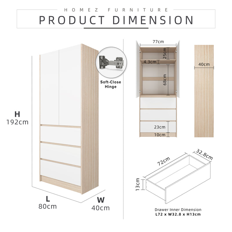 (EM) 200cm High 2 Door Wardrobe 3 Drawer Solid Board / Almari Pakaian-HMZ-FN-WD-6007/6417