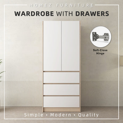 Jordan Series 192cm Height 2 Door 3 Drawer Wardrobe with Soft Close Door with Hanging Rod / Almari Pakaian - HMZ-FN-WD-6417-NO+WT
