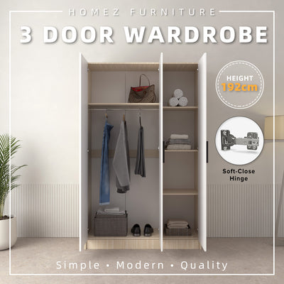 [FREE Shipping] 192cm High 3 Door Wardrobe With Matte Black Plastic Handle / Almari Baju / Almari Pakaian-HMZ-FN-WD-6418V2