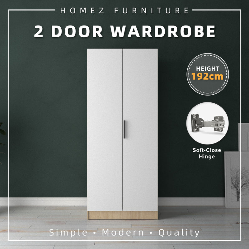 [Free Shipping] 192cm Height 2 Door Wardrobe With Matte Black Handle and Hanging Rod / Almari Baju / Almari Pakaian-HMZ-FN-WD-6419