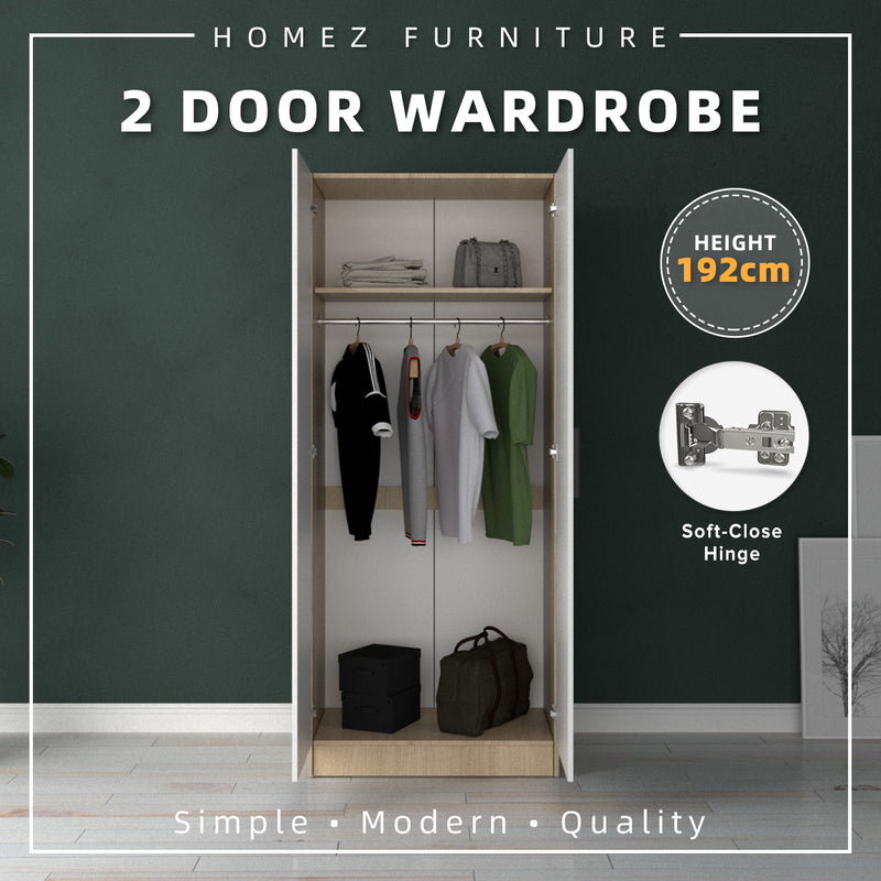 [Free Shipping] 192cm Height 2 Door Wardrobe With Matte Black Handle and Hanging Rod / Almari Baju / Almari Pakaian-HMZ-FN-WD-6419