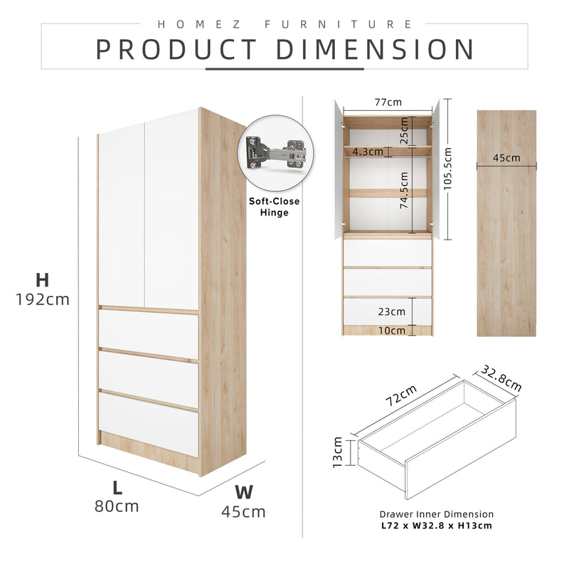 2.6FT Alona Series Full Melamine Wardrobe with Drawers Soft Close Door & Hanging Rod - WD-M6817-LH+WT