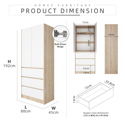 2.6FT Alona Series Full Melamine Wardrobe with Drawers Soft Close Door & Hanging Rod - WD-M6817-LH+WT