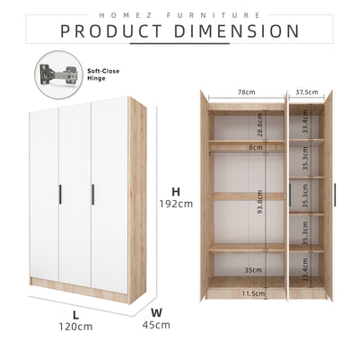 4FT Alona Series Full Melamine Wardrobe with Soft Close Door & Hanging Rod - WD-M6818-LH+WT