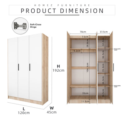 4FT Alona Series Full Melamine Wardrobe with Soft Close Door & Hanging Rod - WD-M6818-LH+WT