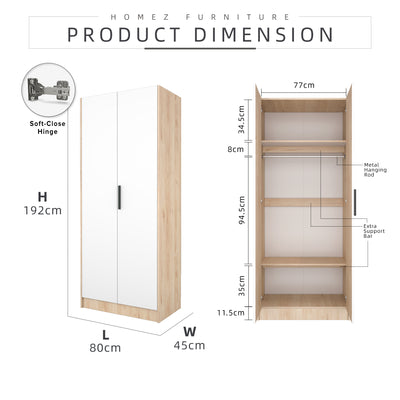 2.6FT Alona Series Full Melamine Wardrobe with Soft Close Door & Hanging Rod - WD-M6819-LH+WT