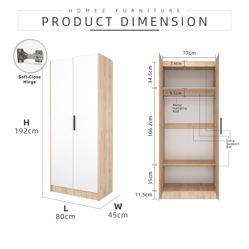 2.6FT Alona Series Full Melamine Wardrobe with Soft Close Door & Hanging Rod - WD-M6819-LH+WT