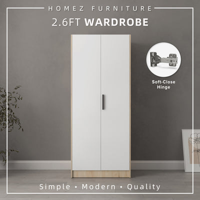 2.6FT Alona Series Full Melamine Wardrobe with Soft Close Door & Hanging Rod - WD-M6819-LH+WT