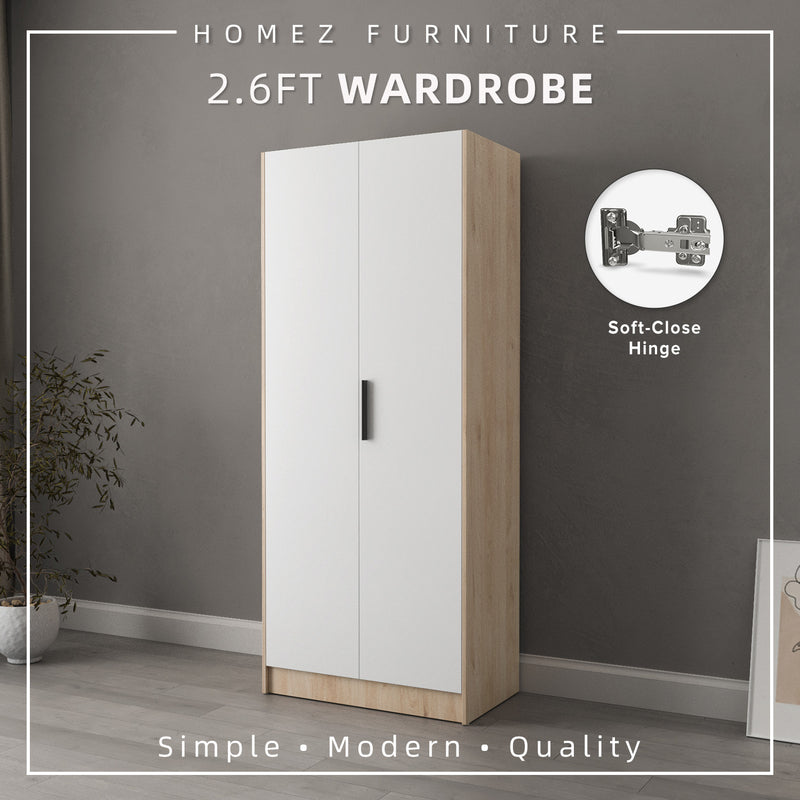 2.6FT Alona Series Full Melamine Wardrobe with Soft Close Door & Hanging Rod - WD-M6819-LH+WT