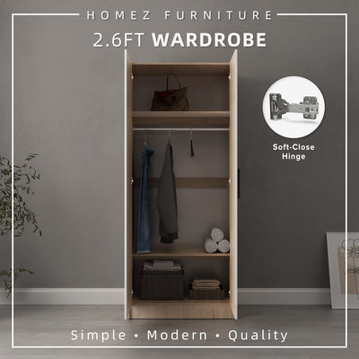 2.6FT Alona Series Full Melamine Wardrobe with Soft Close Door & Hanging Rod - WD-M6819-LH+WT