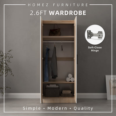 2.6FT Alona Series Full Melamine Wardrobe with Soft Close Door & Hanging Rod - WD-M6819-LH+WT