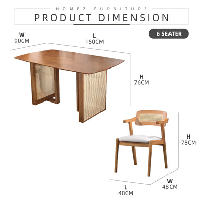 [FREE Shipping & FREE Installation] 6 Seater Solid Rubberwood with Rattan Dining Set Oak Walnut Scandinavian Rustic - MANCHESTER/WESTHAM/FULLHAM