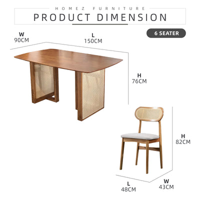 [FREE Shipping & FREE Installation] 6 Seater Solid Rubberwood with Rattan Dining Set Oak Walnut Scandinavian Rustic - MANCHESTER/WESTHAM/FULLHAM
