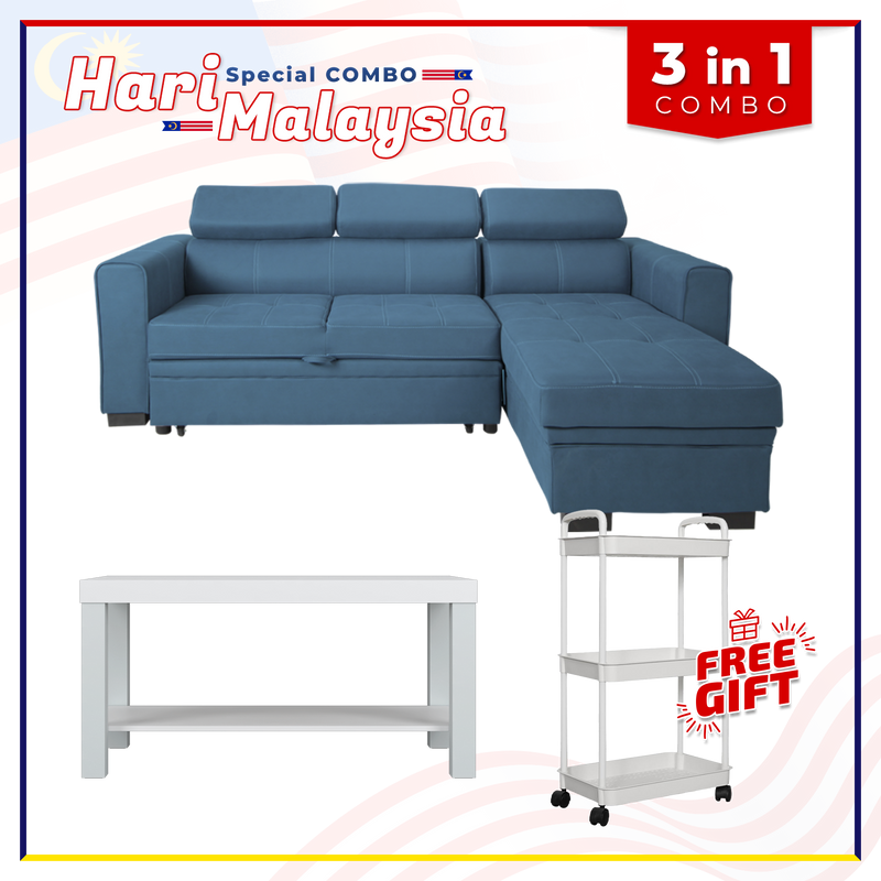 [HARI MALAYSIA FREE SHIPPING COMBO] 6.6FT L-Shape Leathaire Sofa Bed Coffee Table Free Gift 3-Tier Trolley Rack Living Room Combo Set - Y2960+2905-WT+3TIER-WT