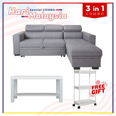 [HARI MALAYSIA FREE SHIPPING COMBO] 6.6FT L-Shape Leathaire Sofa Bed Coffee Table Free Gift 3-Tier Trolley Rack Living Room Combo Set - Y2960+2905-WT+3TIER-WT