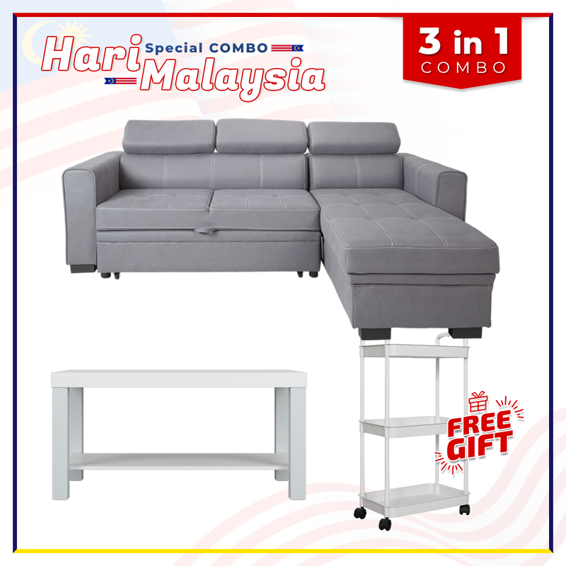 [HARI MALAYSIA FREE SHIPPING COMBO] 6.6FT L-Shape Leathaire Sofa Bed Coffee Table Free Gift 3-Tier Trolley Rack Living Room Combo Set - Y2960+2905-WT+3TIER-WT