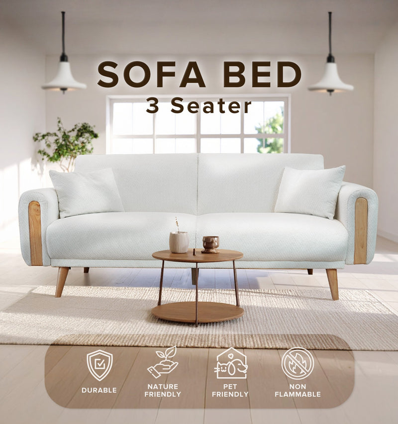 (FREE Shipping) 3 Seater Sofa Bed With Solid Foam and Pocket Spring + Full Rubber Wood Base - ZLB075