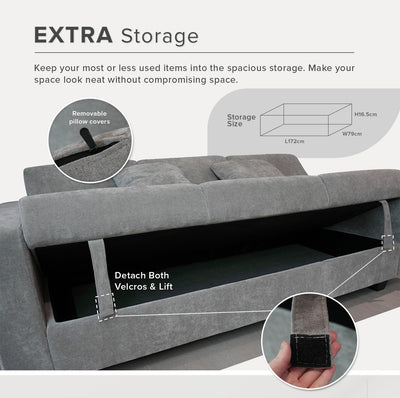(EM) 3 Seater Sofa Bed Plus Extra Storage Box With Solid Foam and Pocket Spring + Rubber Wood Leg - ZLB052-BB-SBH