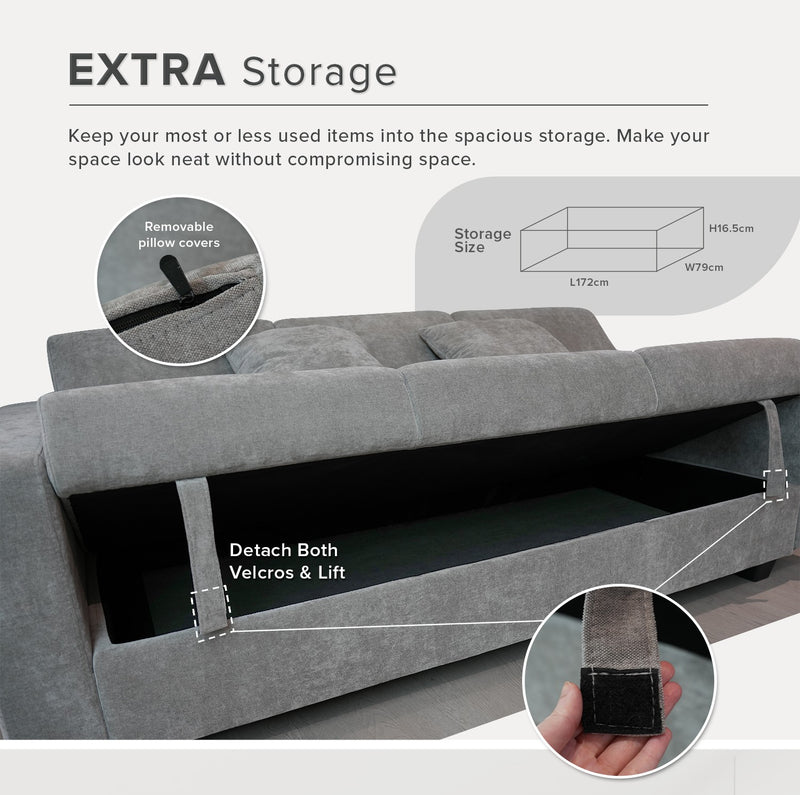 (EM) 3 Seater Sofa Bed Plus Extra Storage Box With Solid Foam and Pocket Spring + Rubber Wood Leg - ZLB052-BB-SBH