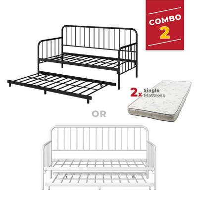 [COMBO Bedframe+Mattress] Single Trundle Bed/Pop-out Day Bedframe White/Black FREE Single 3x5FT Mattress