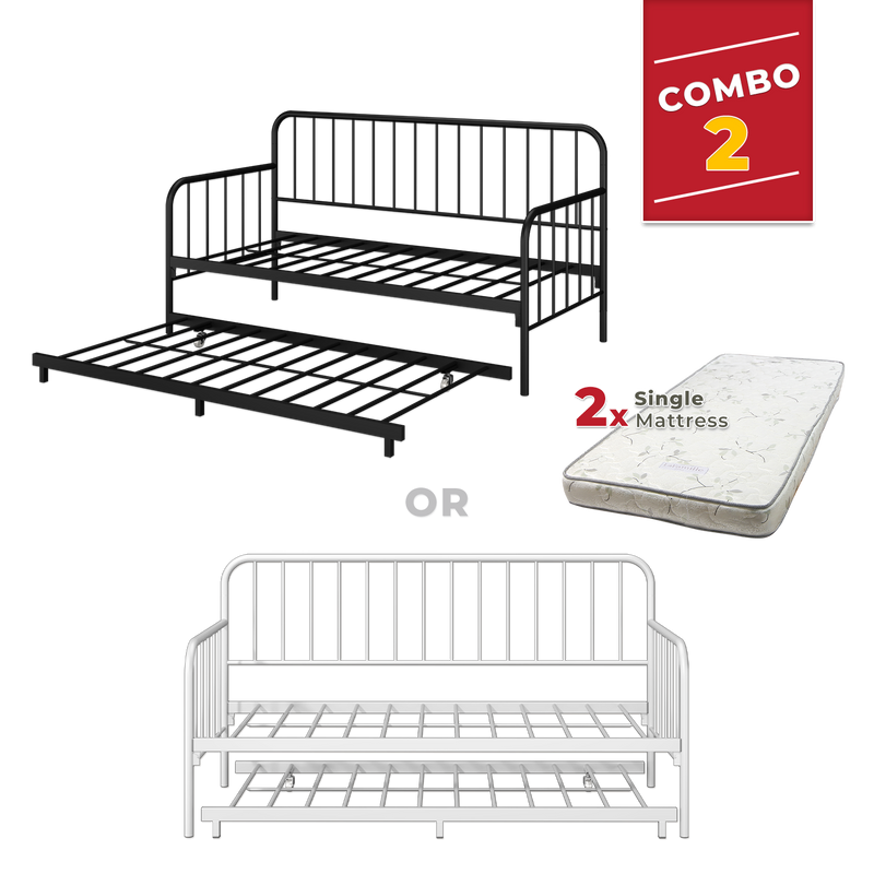 [COMBO Bedframe+Mattress] Single Trundle Bed/Pop-out Day Bedframe White/Black FREE Single 3x5FT Mattress