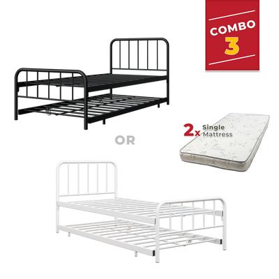 [COMBO Bedframe+Mattress] Single Trundle Bed/Pop-out Day Bedframe White/Black FREE Single 3x5FT Mattress