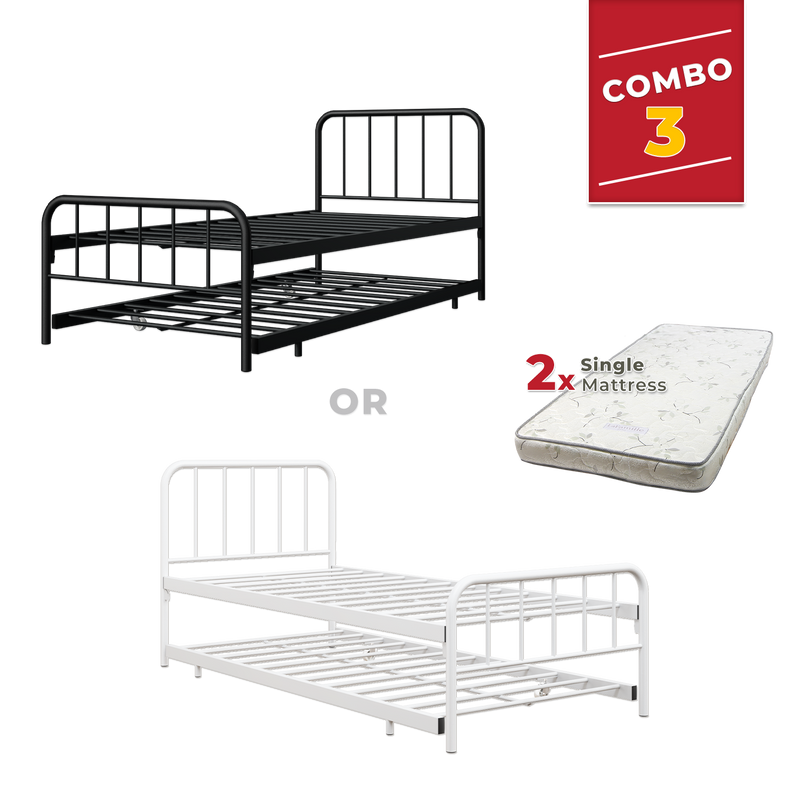 [COMBO Bedframe+Mattress] Single Trundle Bed/Pop-out Day Bedframe White/Black FREE Single 3x5FT Mattress