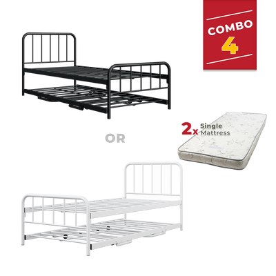 [COMBO Bedframe+Mattress] Single Trundle Bed/Pop-out Day Bedframe White/Black FREE Single 3x5FT Mattress